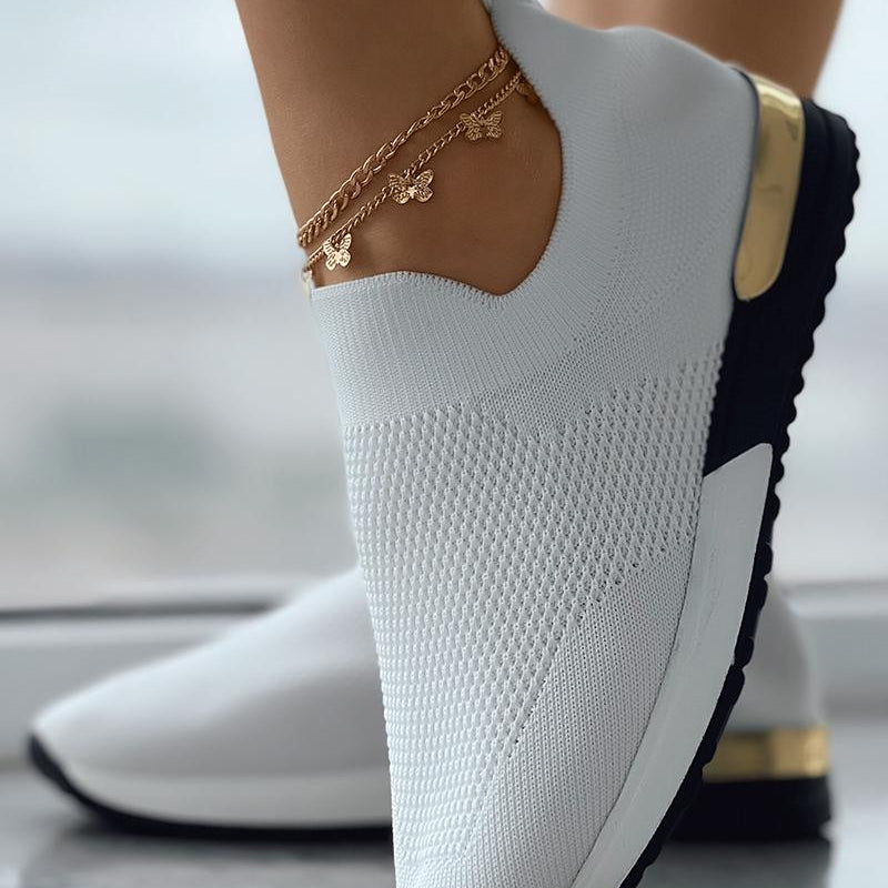 Women's Knit Slip-On Sneakers Gold Heel Accent Walking Shoes