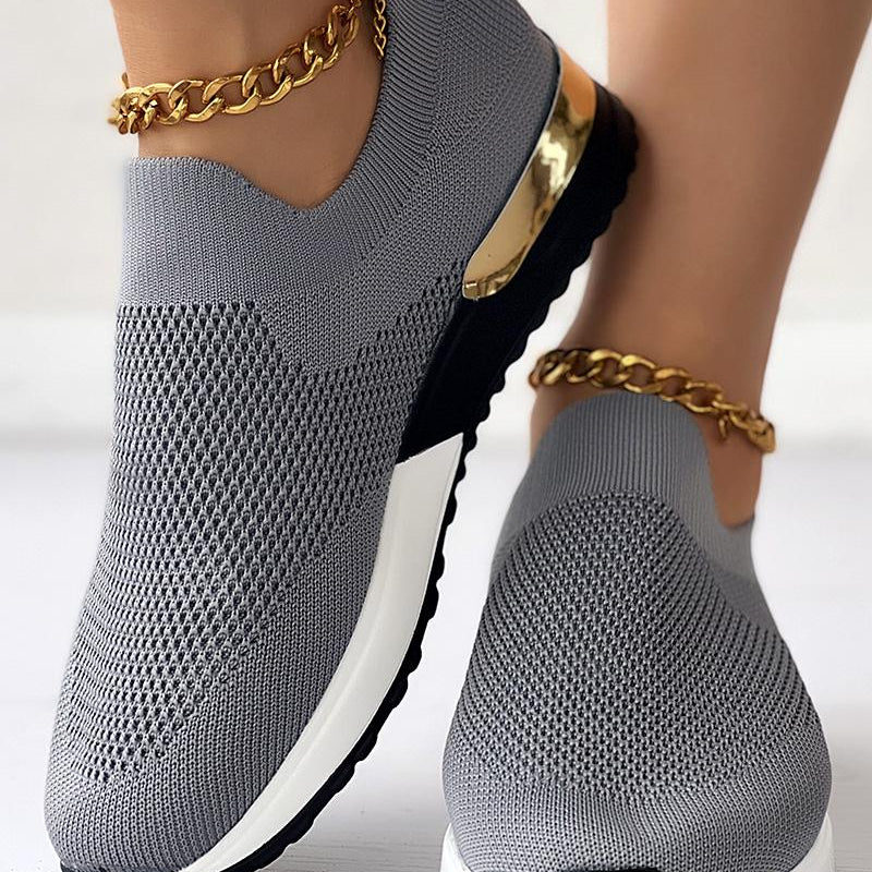 Women's Knit Slip-On Sneakers Gold Heel Accent Walking Shoes