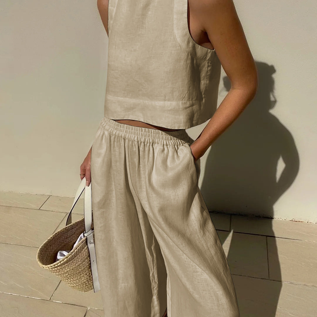 Women's Linen Crop Tank Top Wide Leg Pants Set Elastic Waist