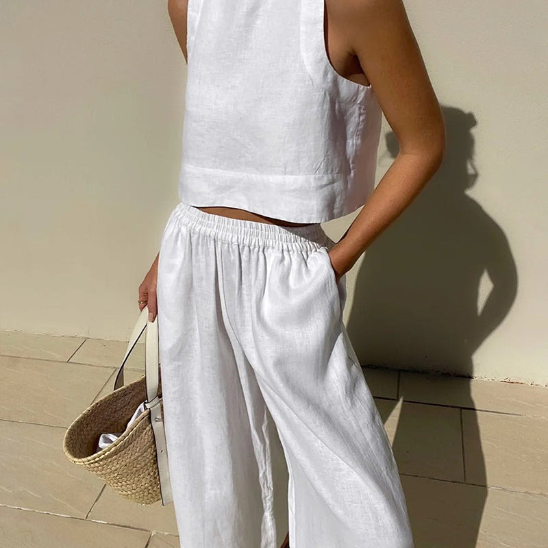 Women's Linen Crop Tank Top Wide Leg Pants Set Elastic Waist