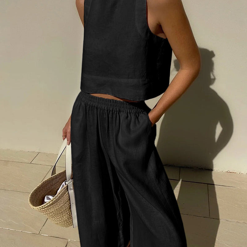 Women's Linen Crop Tank Top Wide Leg Pants Set Elastic Waist