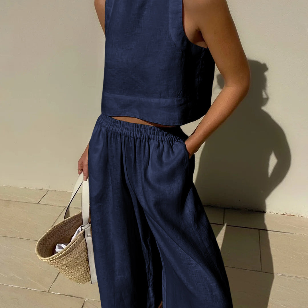 Women's Linen Crop Tank Top Wide Leg Pants Set Elastic Waist