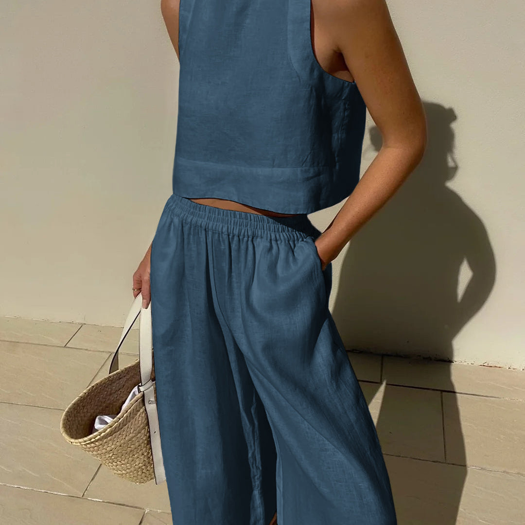 Women's Linen Crop Tank Top Wide Leg Pants Set Elastic Waist