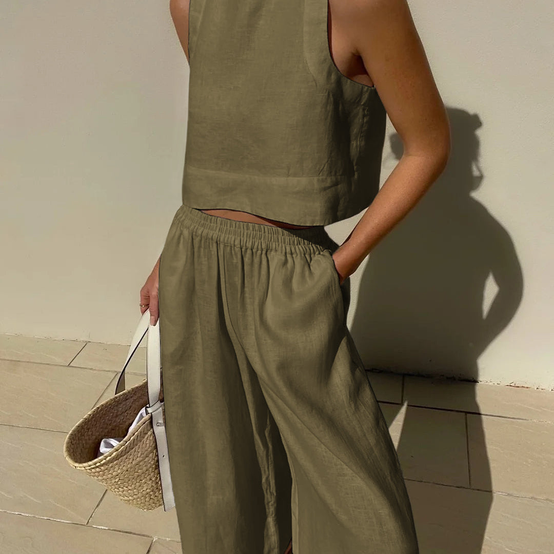 Women's Linen Crop Tank Top Wide Leg Pants Set Elastic Waist