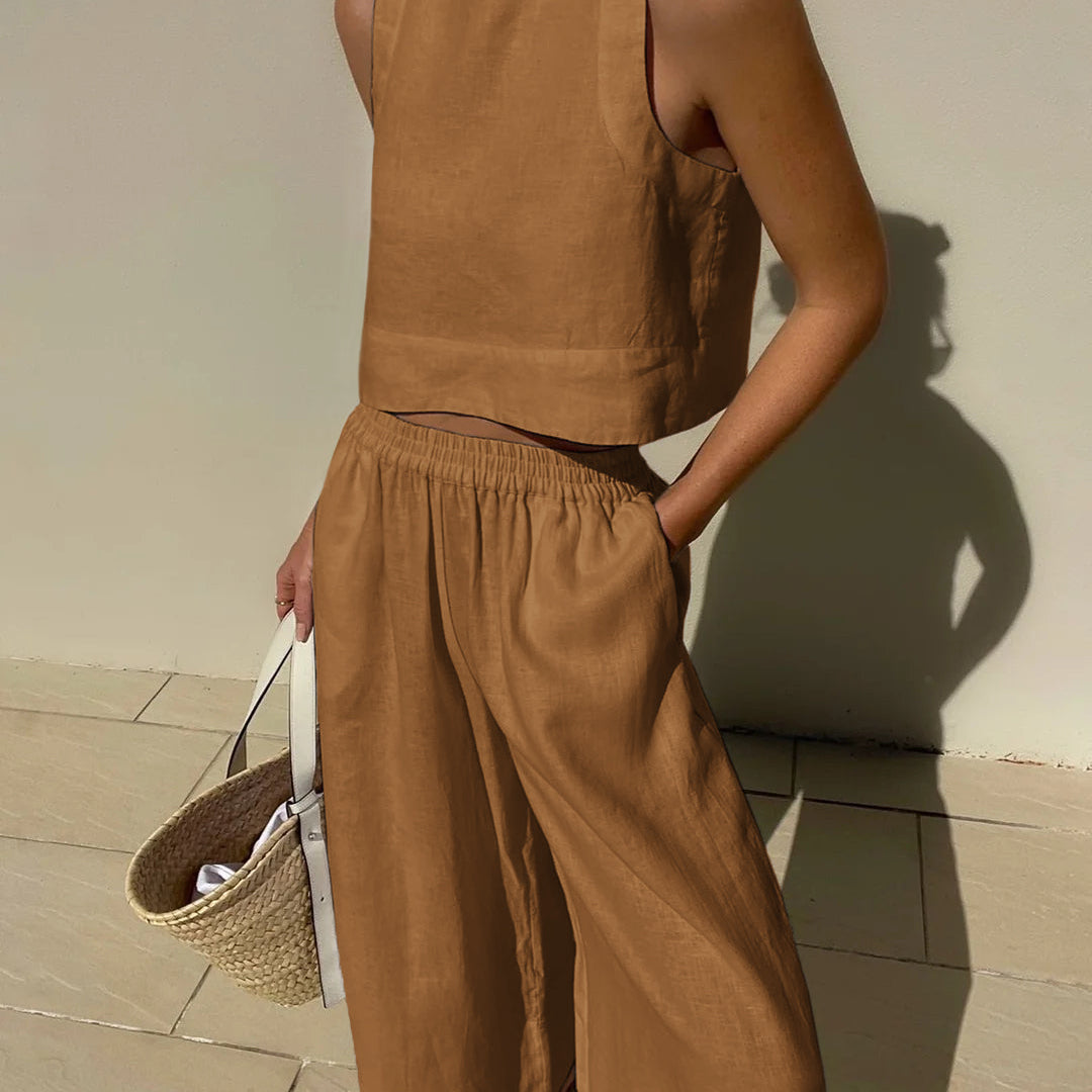 Women's Linen Crop Tank Top Wide Leg Pants Set Elastic Waist