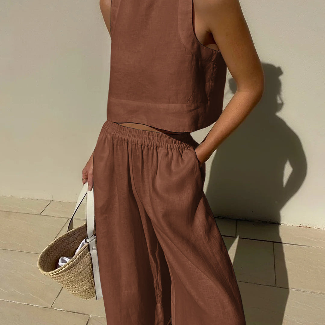 Women's Linen Crop Tank Top Wide Leg Pants Set Elastic Waist