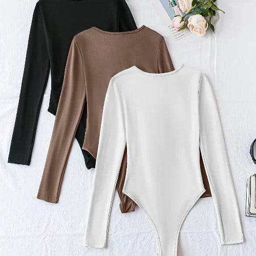 Women's Long Sleeve Fitted Bodysuit Crew Neck Snap Top