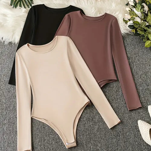 Women's Long Sleeve Fitted Bodysuit Crew Neck Snap Top