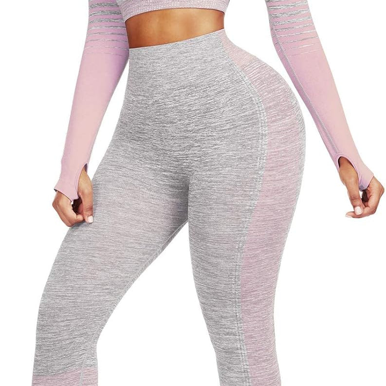Women's Seamless Ombre 2-Piece Workout Set Long Sleeve Crop Top & Leggings