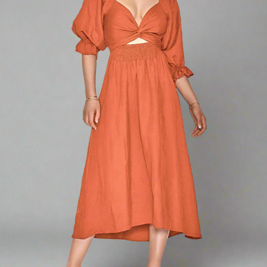 Women's Smocked Cut Out Boho Dress Midi