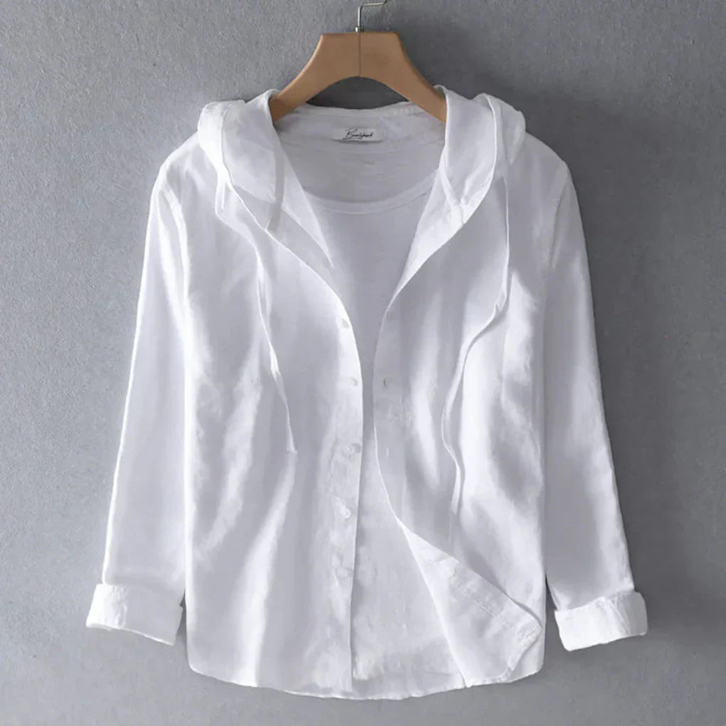 Women's Striped Hooded Linen Shirt Long Sleeve Button Down