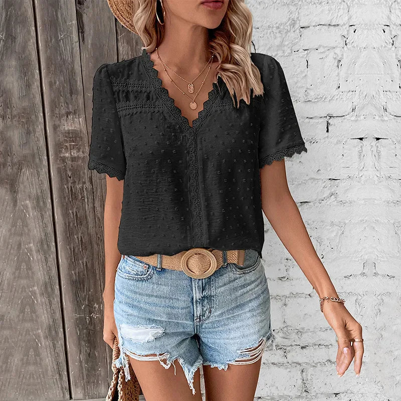Women's Swiss Dot Lace Trim V-Neck Blouse Short Sleeve Summer Top