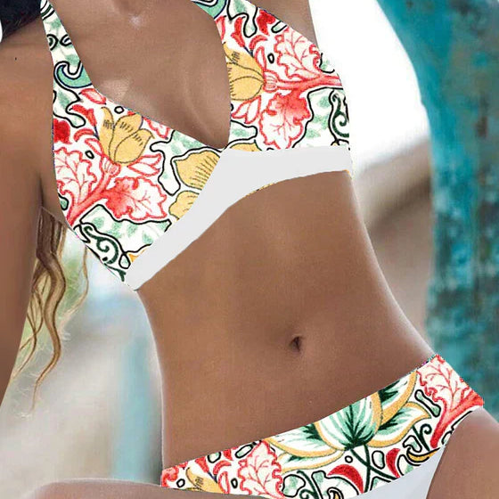 Women's Tropical Floral Halter Bikini Set Color Block Two-Piece Swimsuit
