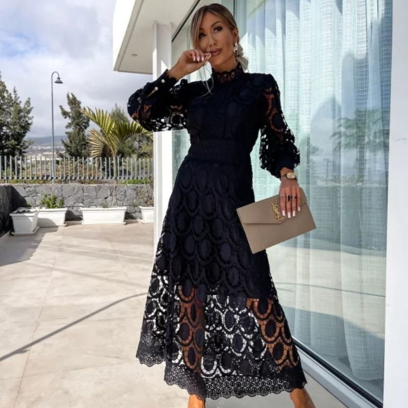 Women's Long Sleeve High Neck Lace Midi Dress