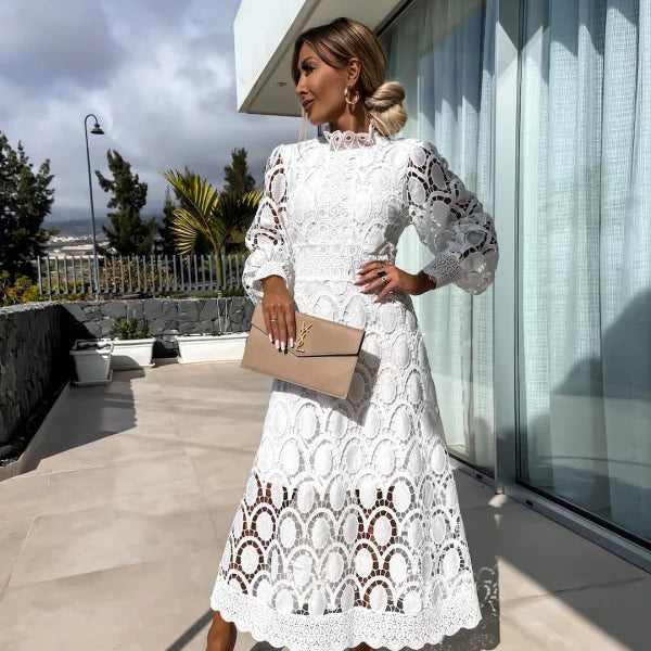 Women's Long Sleeve High Neck Lace Midi Dress