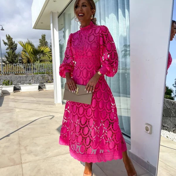 Women's Long Sleeve High Neck Lace Midi Dress