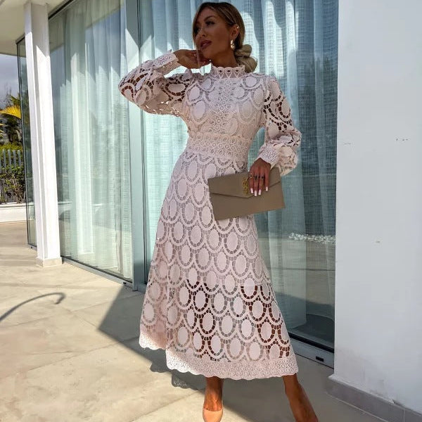 Women's Long Sleeve High Neck Lace Midi Dress