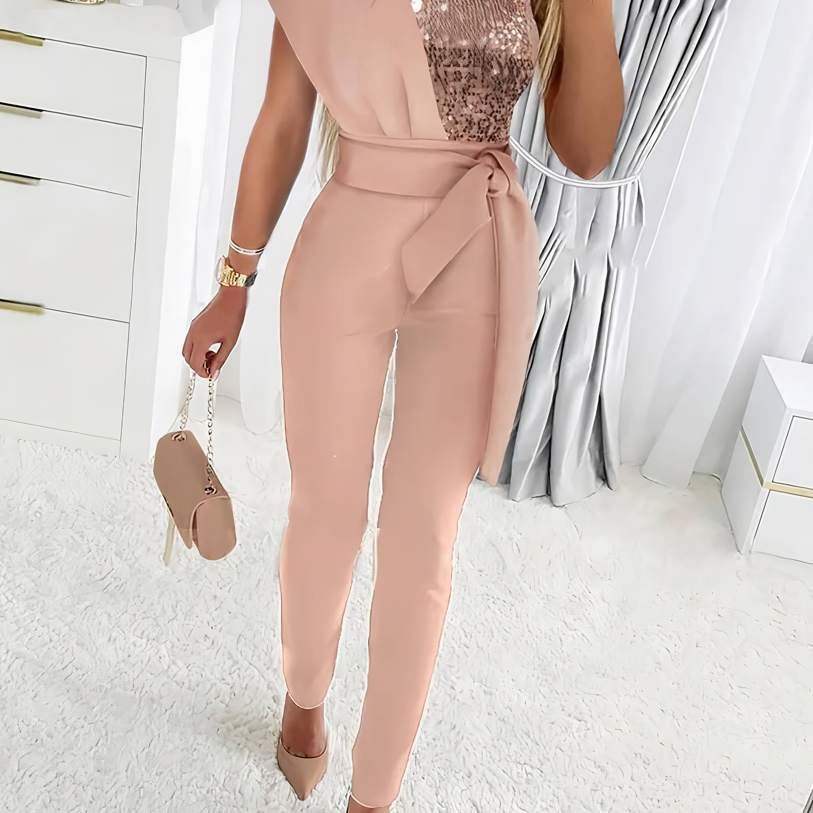 Women's Sequin One-Shoulder Belted Jumpsuit