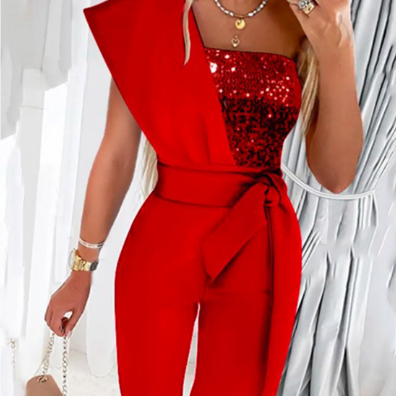 Women's Sequin One-Shoulder Belted Jumpsuit