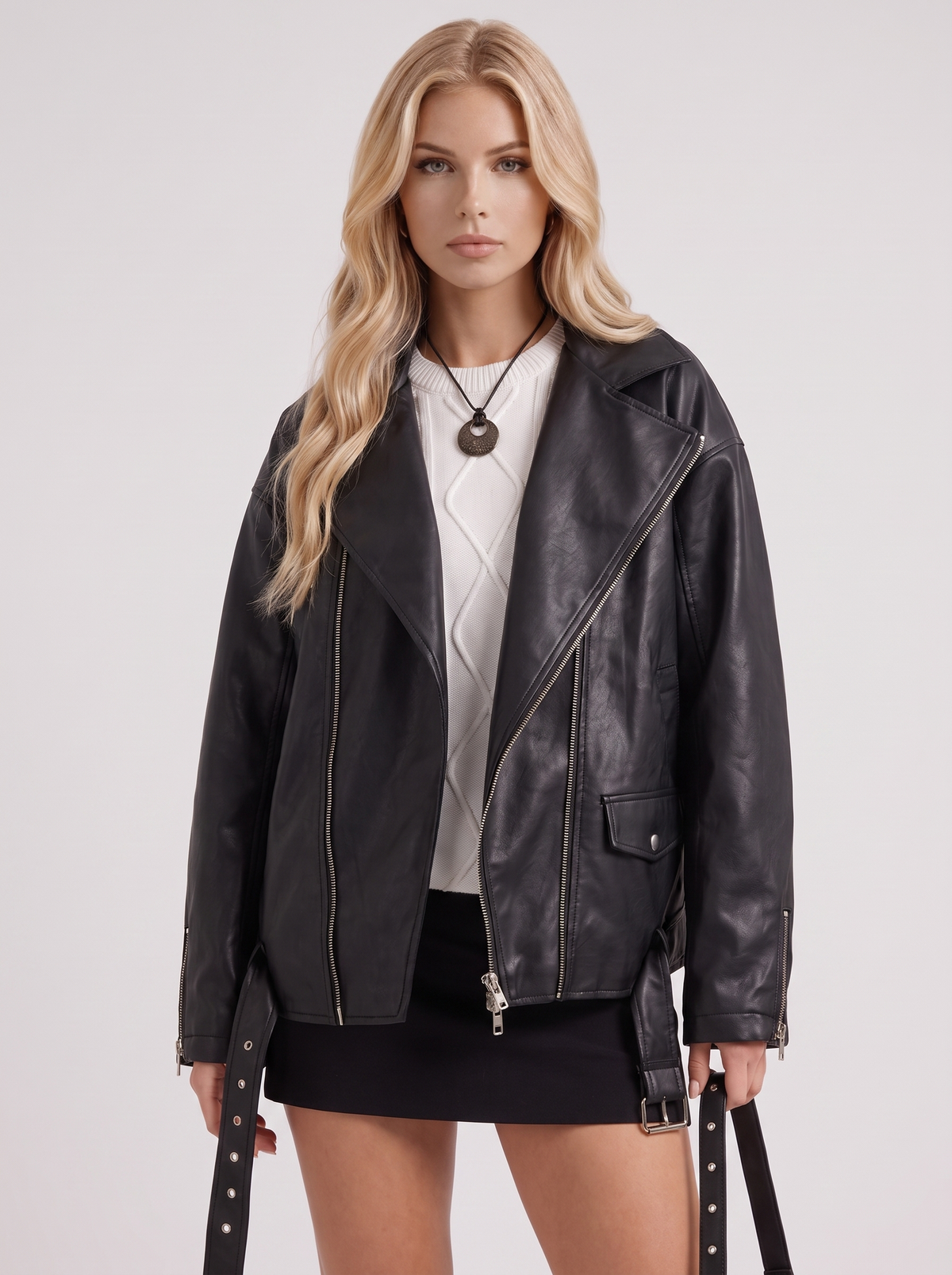 Faux Leather Biker Jacket Womens Oversized Asymmetric Zip Studded Belt