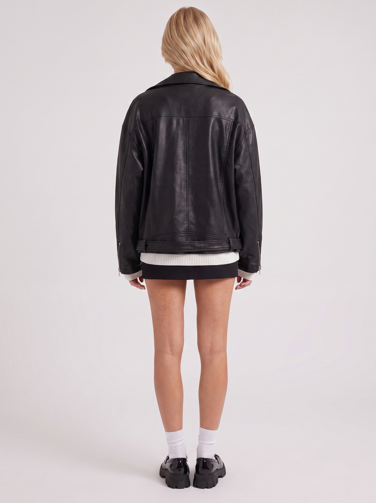 Faux Leather Biker Jacket Womens Oversized Asymmetric Zip Studded Belt