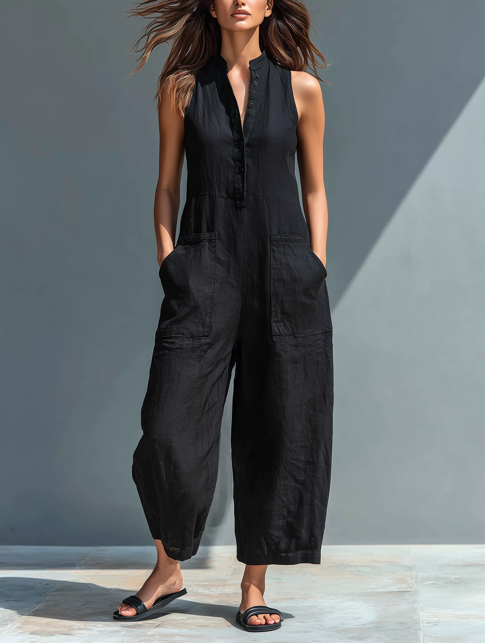 Sleeveless button down loose fit jumpsuit in black