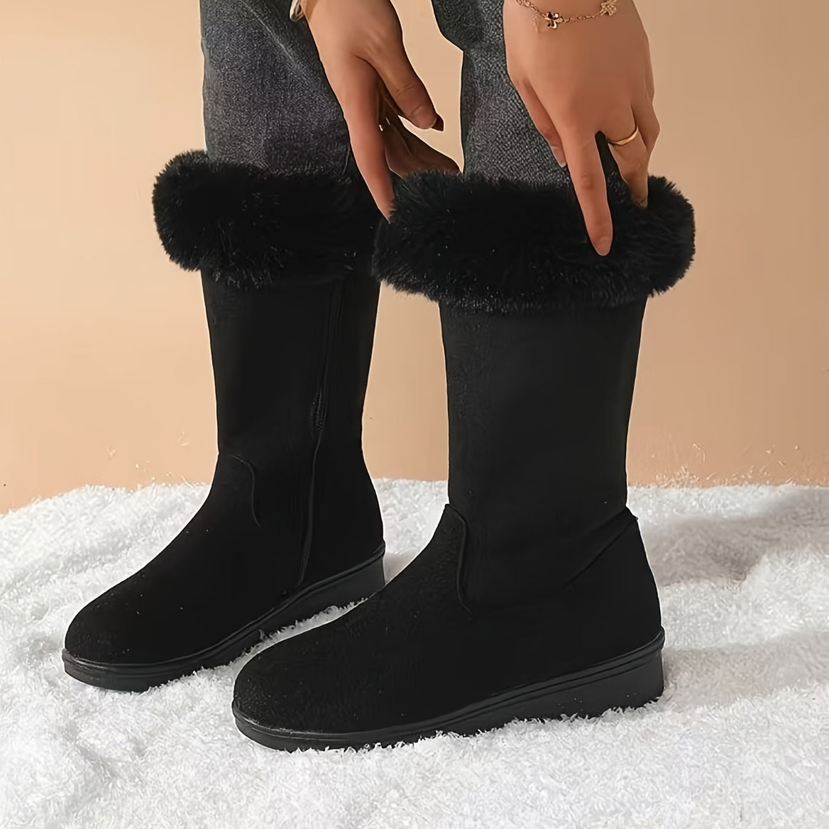 Winter Boots Womens Mid Calf Cuffed Warm Lined Snow Boot Flat