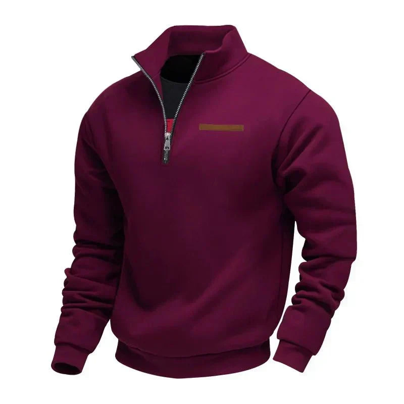 Winter Fleece Quarter Zip Stand Collar Sweatshirt for Men in Burgundy