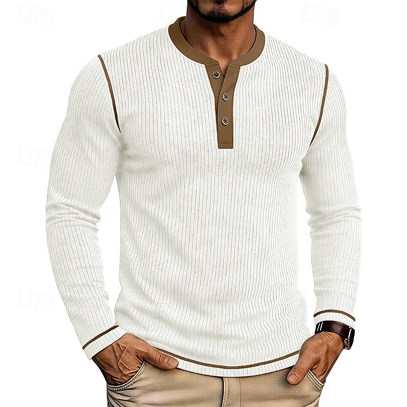 Henley Shirt Mens Ribbed Texture Long Sleeve Placket Soft Jersey