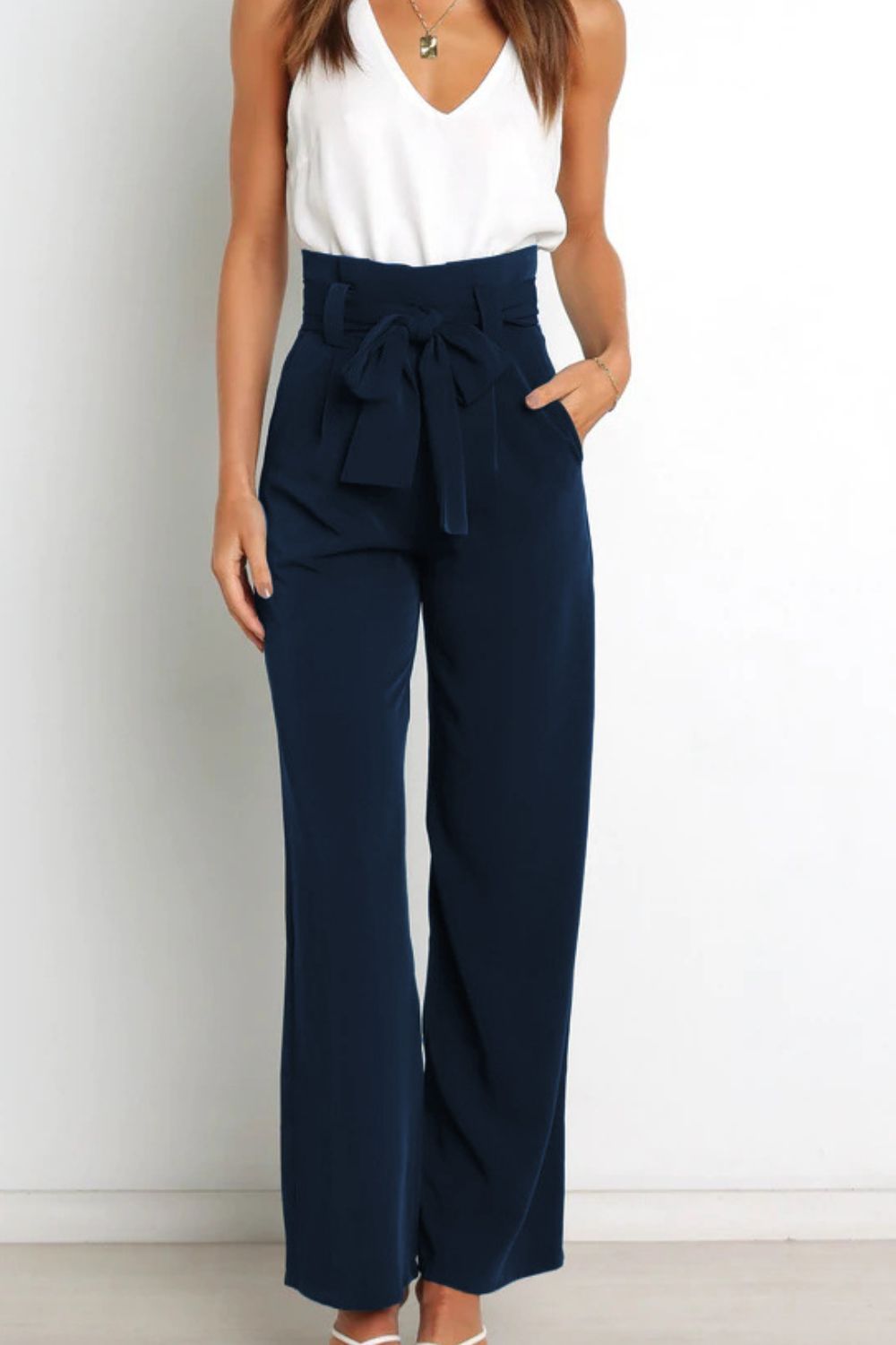High waist paperbag pant with bow detail, view 1