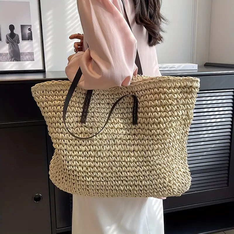 Oversized woven straw beach tote bag, view 10