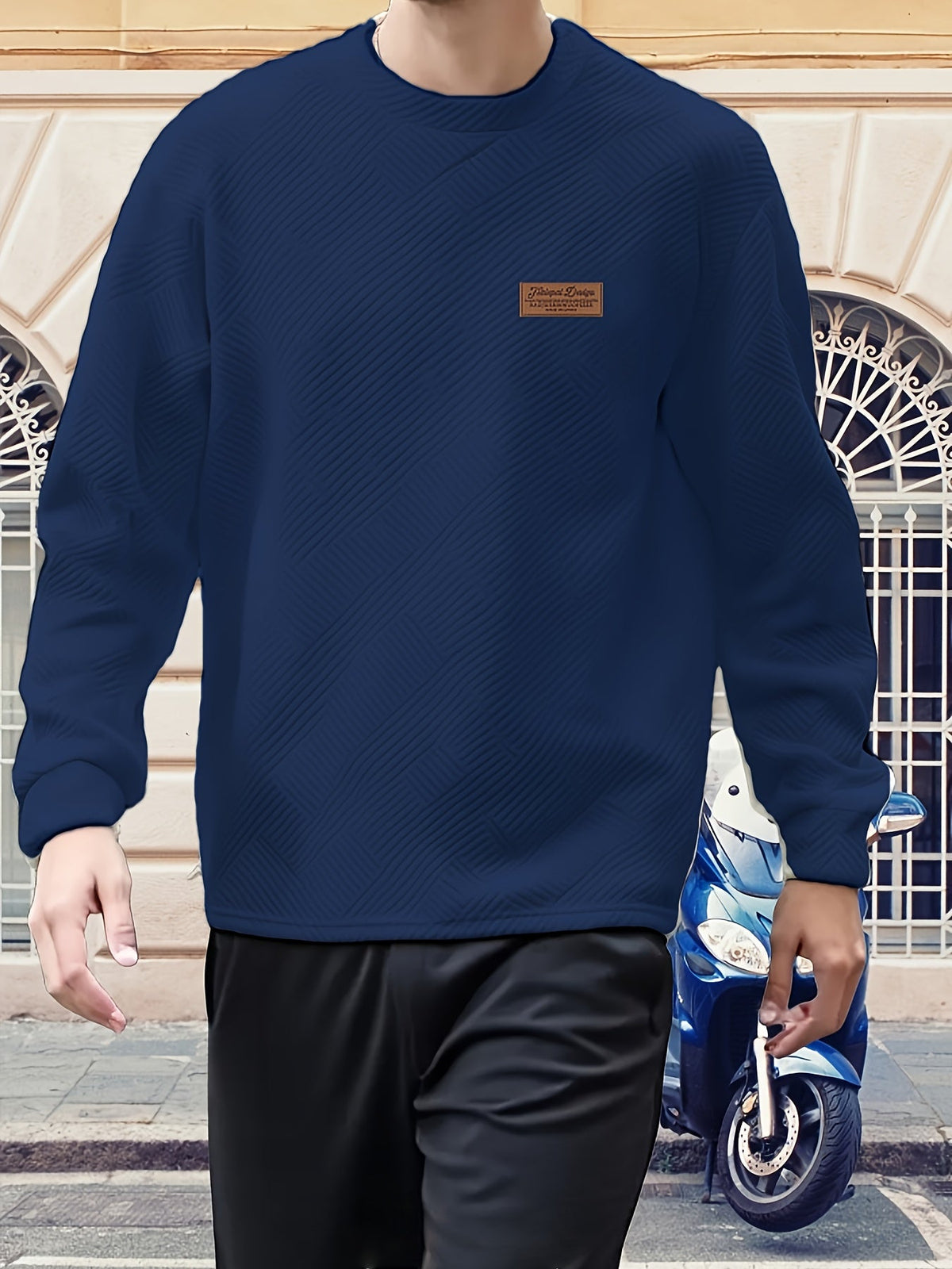 Sweatshirt Mens Crew Neck Textured Pullover Ribbed Trim Everyday