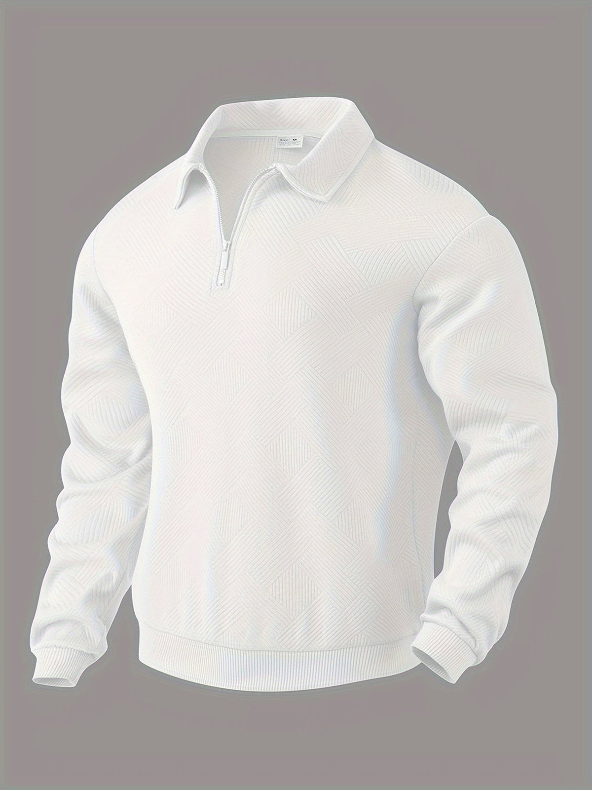 Fall Textured Geometric Polo Collar Quarter Zip Sweater for Men in White