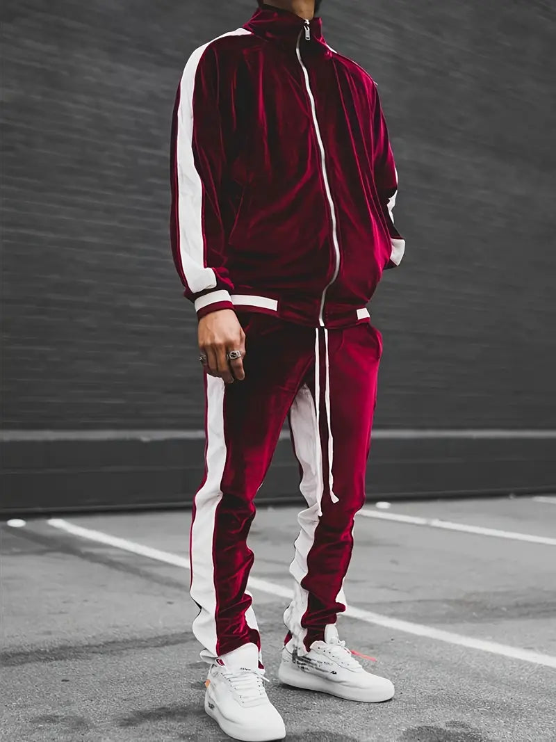 Classic velvet full zip tracksuit in burgundy