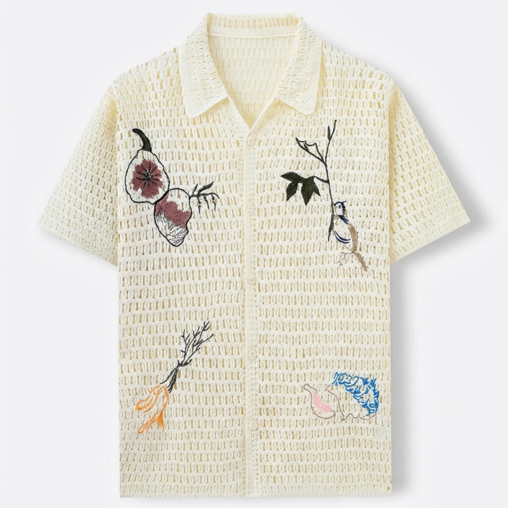 Open weave crochet knit polo shirt, view 1