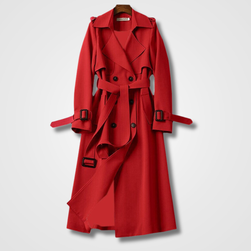Fall Double Breasted Belted Long Trench Coat for Women in Red