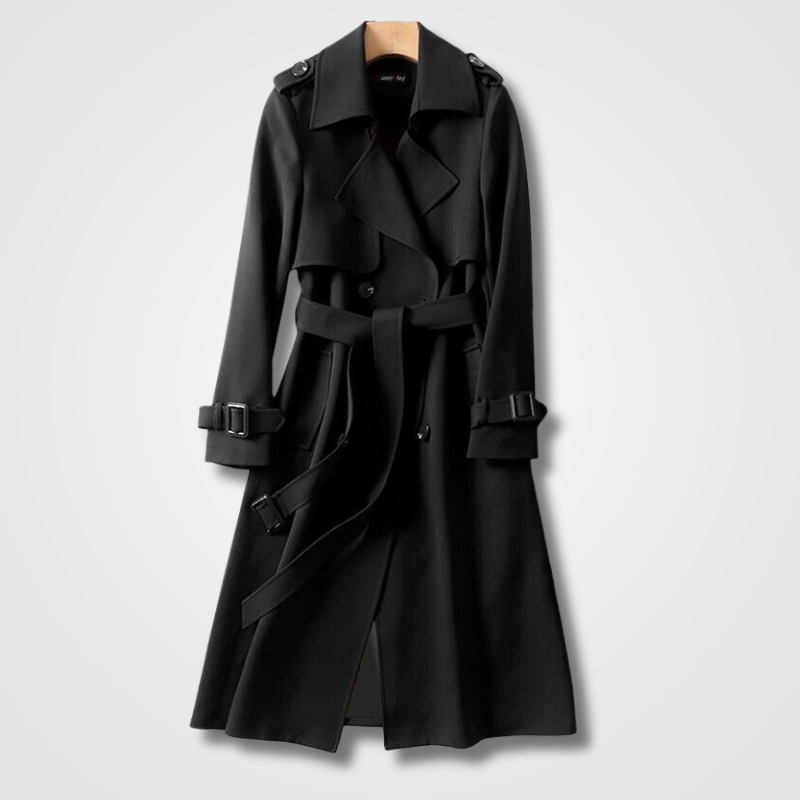 Fall Double Breasted Belted Long Trench Coat for Women in Black
