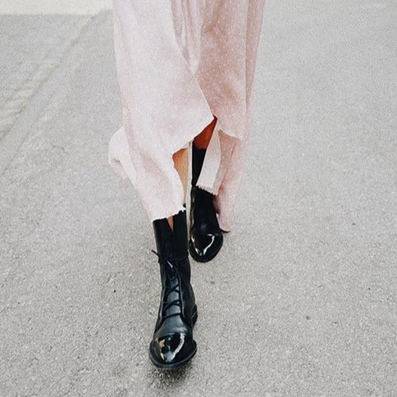 Fall Laced Front Cap Toe Low Heel Boots for Women