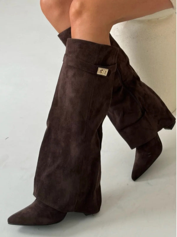 Fall Fold Over Cuff Knee High Wedge Boots for Women in Coffee