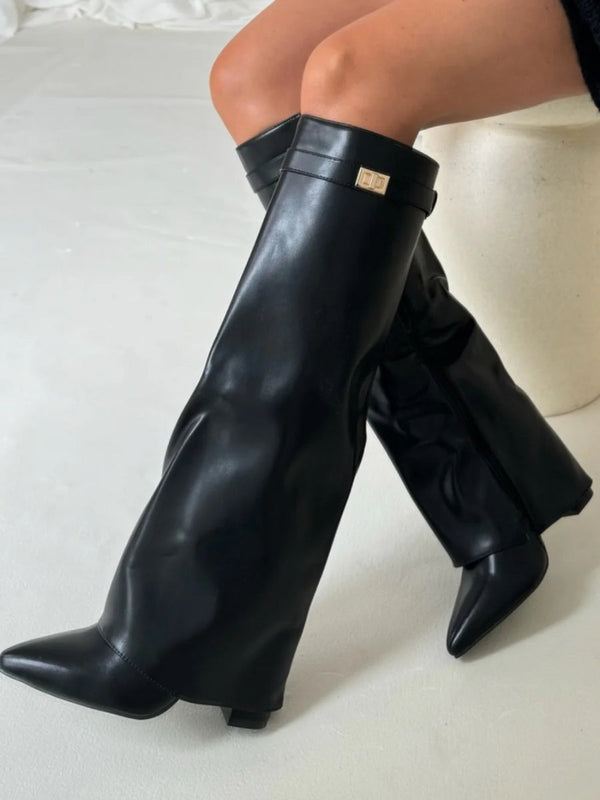 Fall Fold Over Cuff Knee High Wedge Boots for Women in Black Smooth