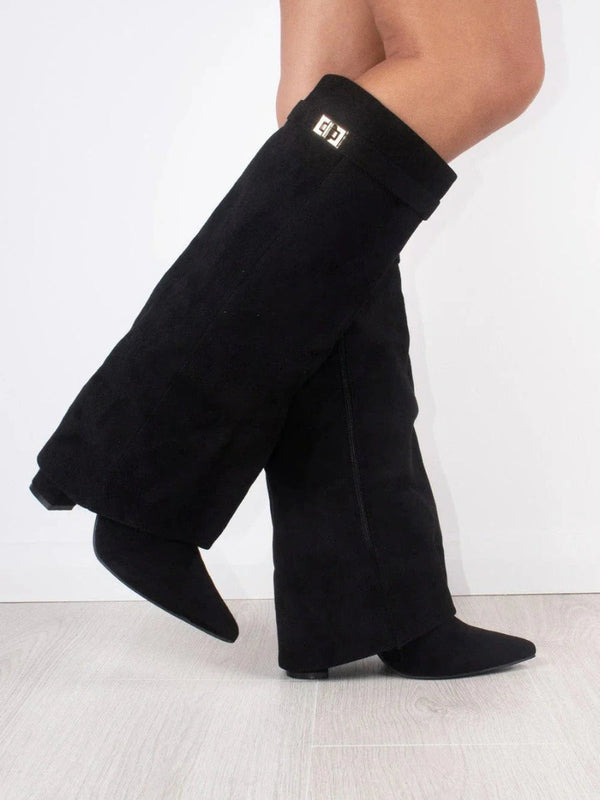 Fall Fold Over Cuff Knee High Wedge Boots for Women in Black Brushed
