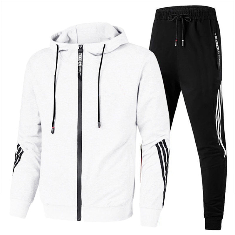 Fall Hooded Zip Up Tracksuit with Jogger Pants Set for Men in White Black