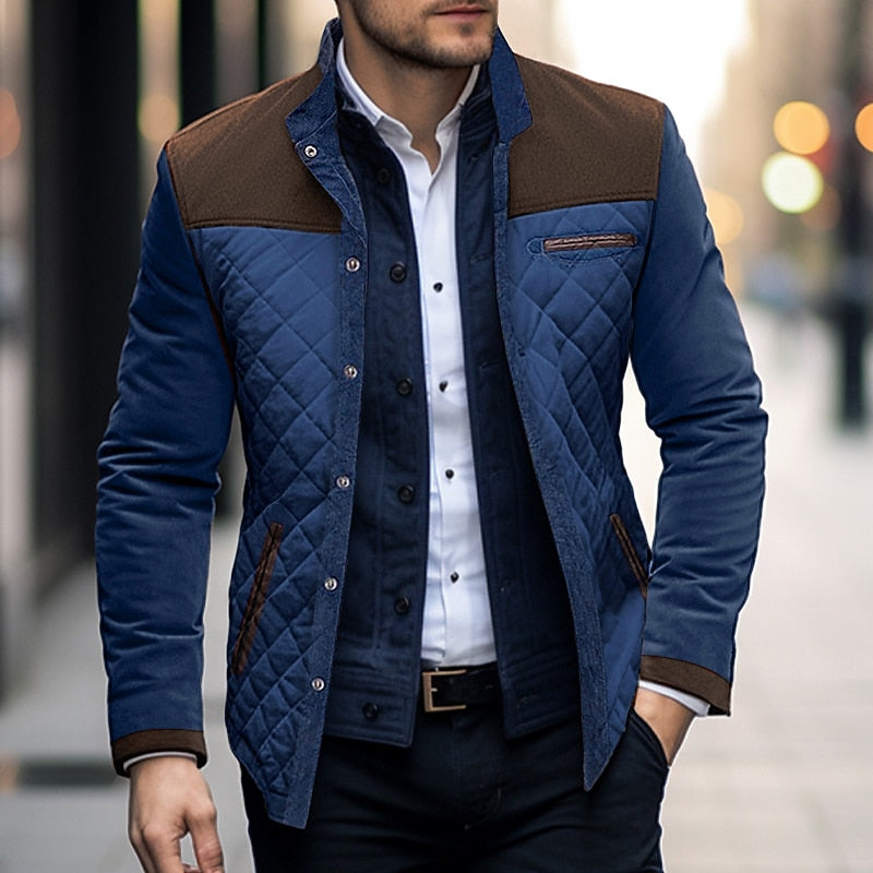 Quilted Jacket Mens Colour Block Padded Zip Front Stand Collar