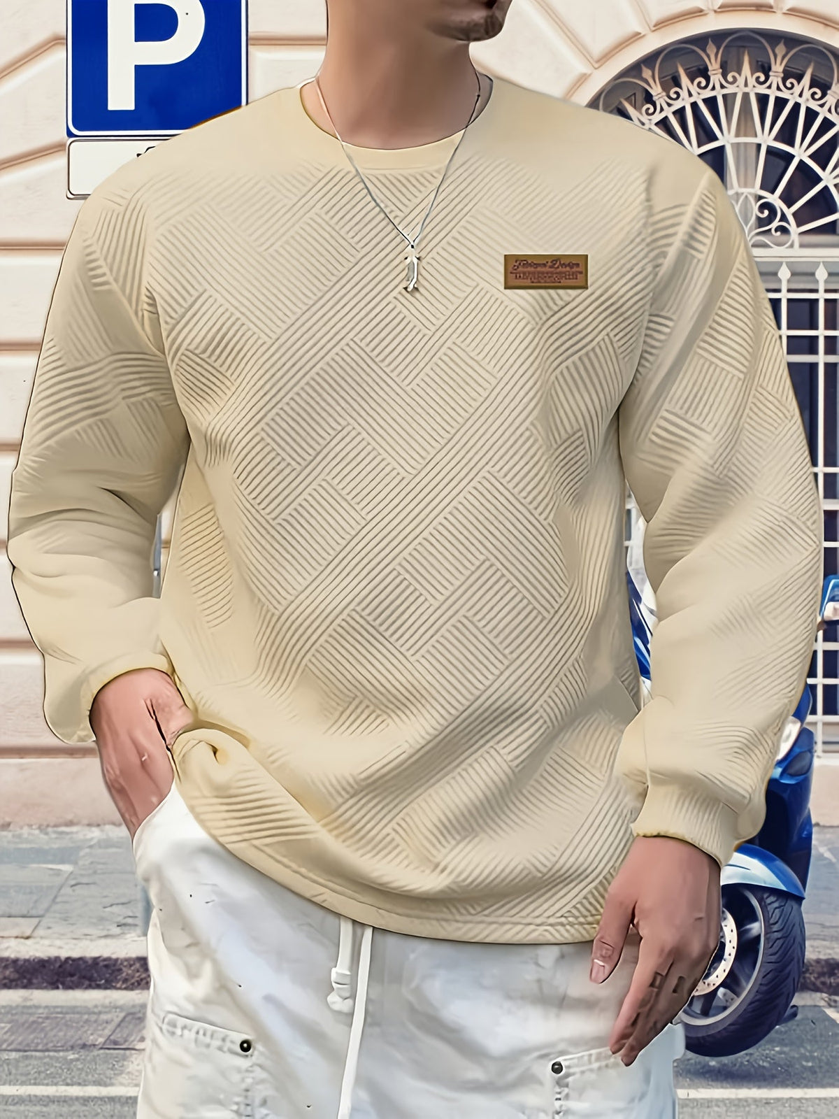 Sweatshirt Mens Crew Neck Textured Pullover Ribbed Trim Everyday