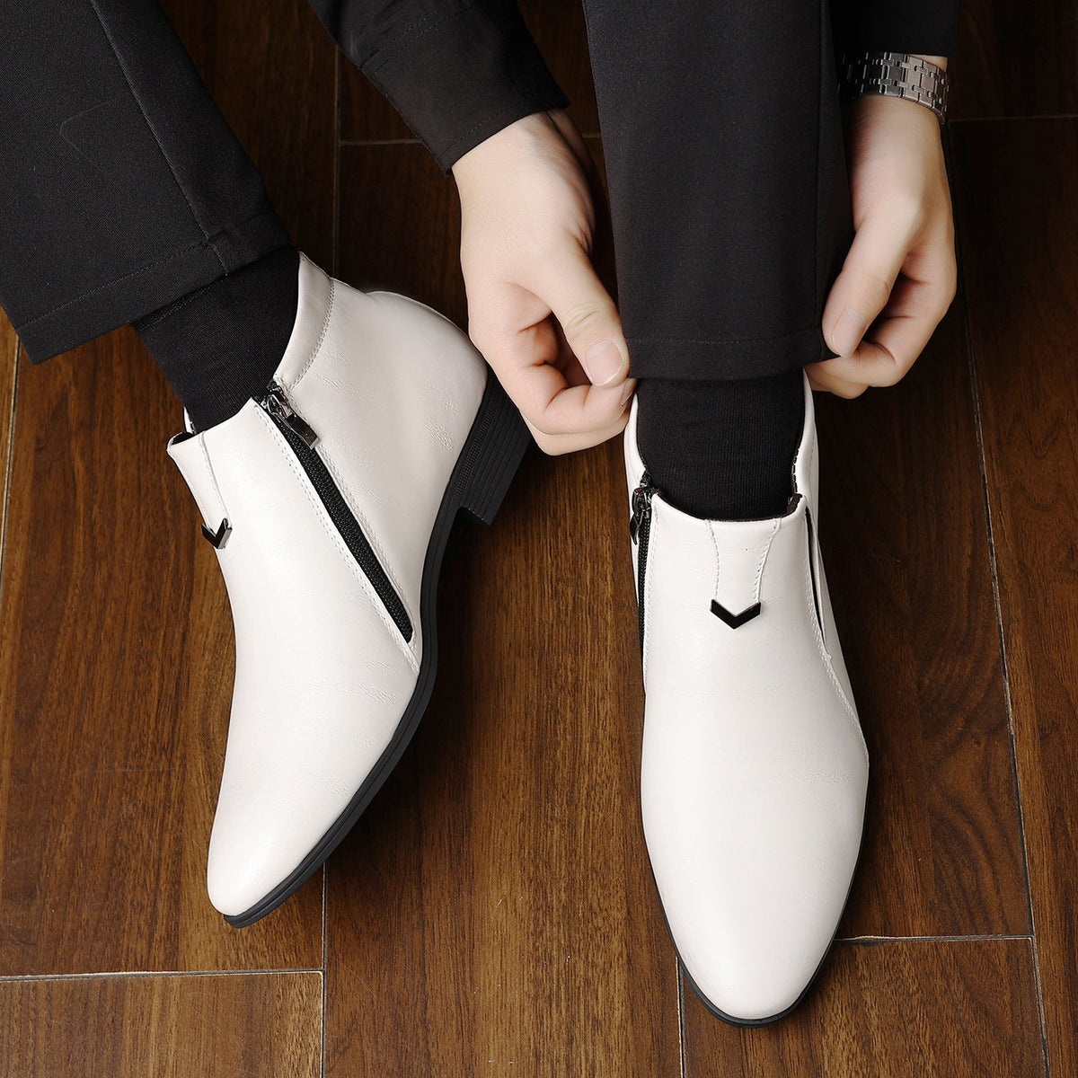 Fall Faux Leather Embossed Side Zip Chelsea Boots for Men in White
