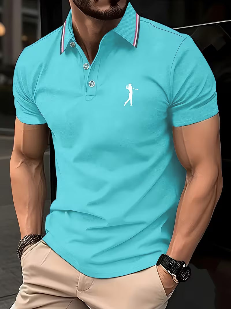 Printed short sleeve golf shirt in sky blue