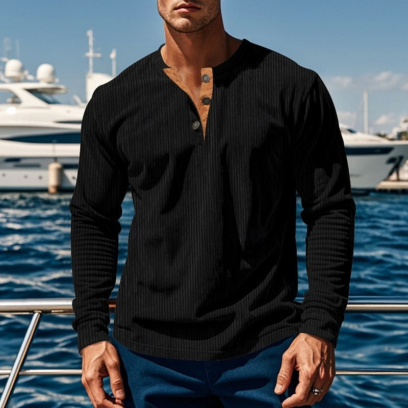 Henley Shirt Mens Ribbed Knit Long Sleeve Button Placket Fitted