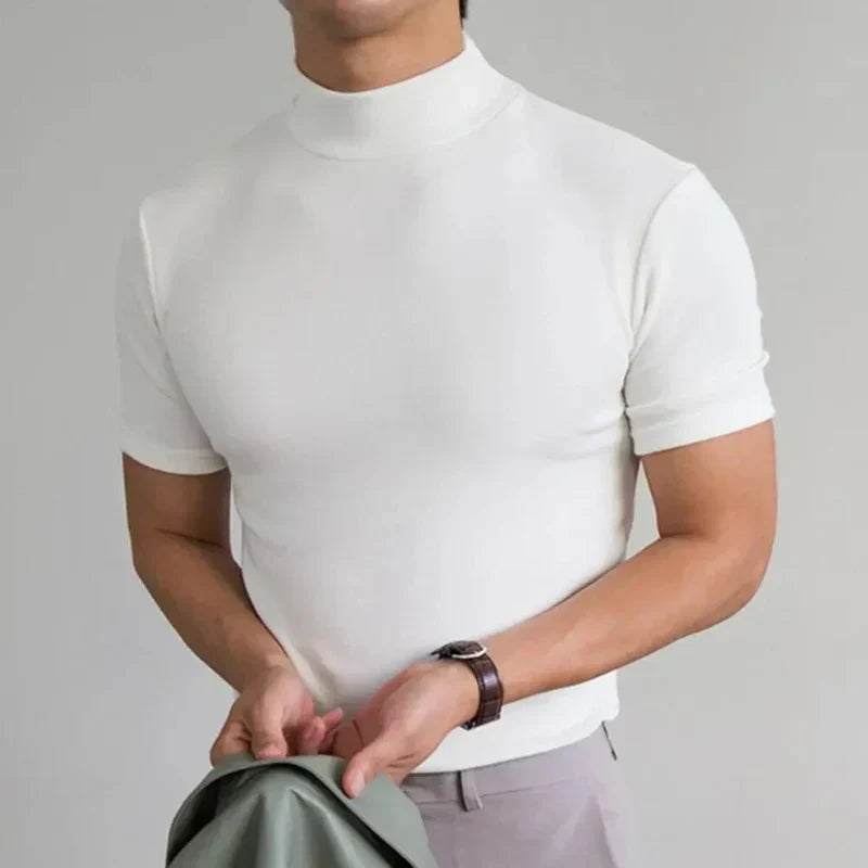 Fall Lightweight Mock Neck Short Sleeve T-Shirt for Men in White