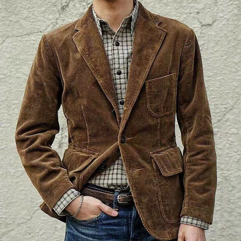 Corduroy Jacket Mens Two Piece Set Notch Lapel Button Front Vest