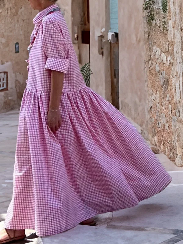 Checked cotton long sleeve swing dress, view 2